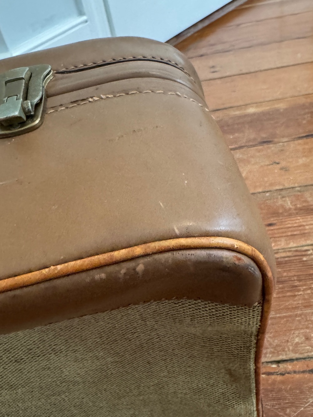 Vintage 60's Brooks Brothers Tan Leather Fabric Suitcase Luggage Combination - Picture 11 of 15